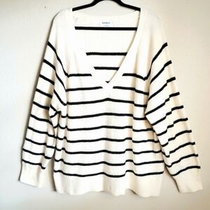 Old Navy Women's V-Neck Sweater - Cream and Black Stripes